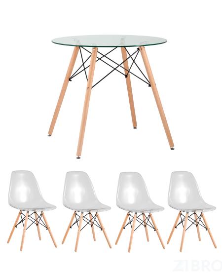 Eames D80 стол стеклянный, четыре стула прозрачные